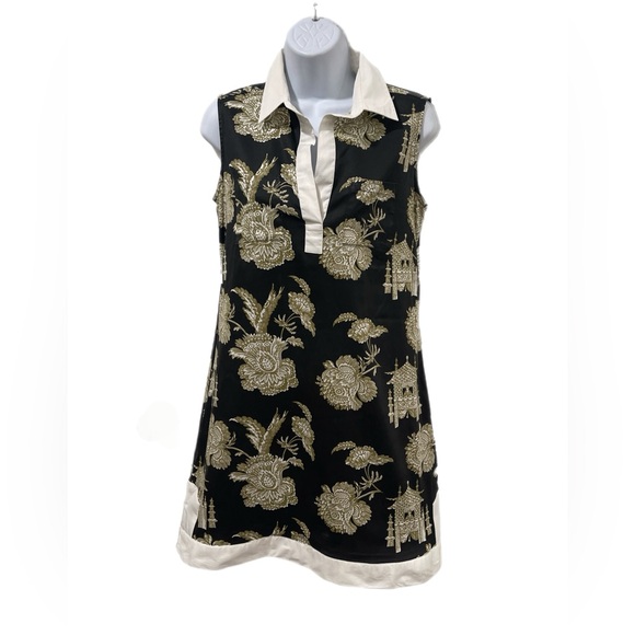 Tizzie Mini Dress Small Sleeveless Chinoiserie Black, Khaki White Trim Pockets - Picture 1 of 9